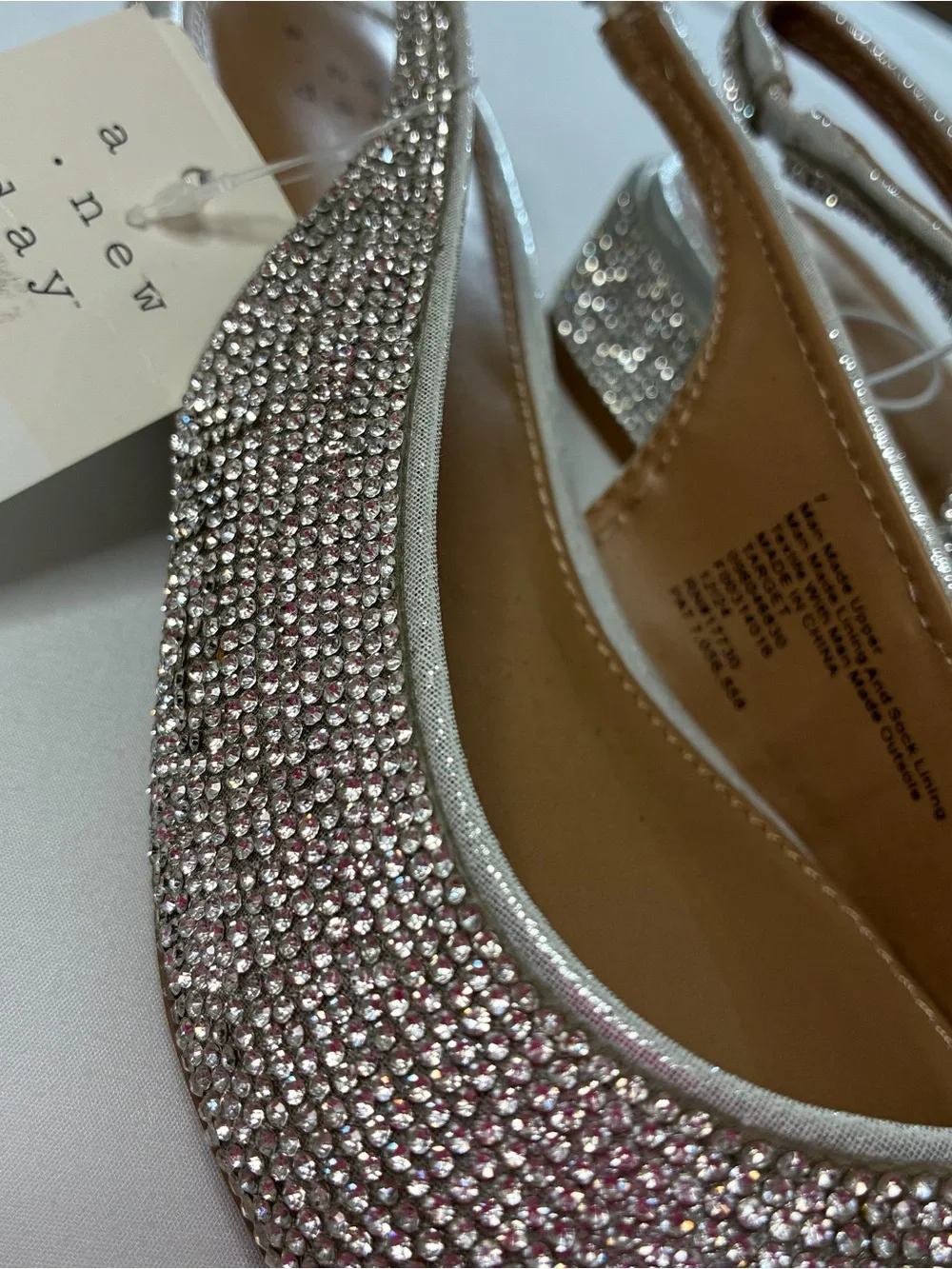 A New Day Elle Silver Rhinestone Slingback Pointed Toe Low Block Heels Size 7